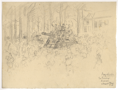 39735 Afbeelding van een colonne tanks van geallieerde bevrijders temidden van een menigte, mogelijk op de Biltstraat ...